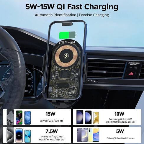 شاحن سيارة لاسلكي، حامل سيارة تثبيت تلقائي بقدرة 15 وات Qi لاسلكي سريع الشحن بفتحة تهوية للسيارة لهاتف iPhone 15/14/13/13 Pro/12 Pro Max/12 pro/12/11/10 Series، سلسلة Samsung Galaxy. in Kuwait