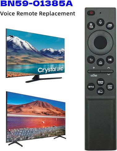 جهاز التحكم عن بعد الصوتي البديل BN59-01385A (بدون طاقة شمسية) الجديد لعام 2023 مناسب لتلفزيون Samsung الذكي، متوافق مع تلفزيونات Samsung Crystal UHD/QLED/Neo QLED/الإطار/4K/8K Series - ضمان لمدة عام in Kuwait