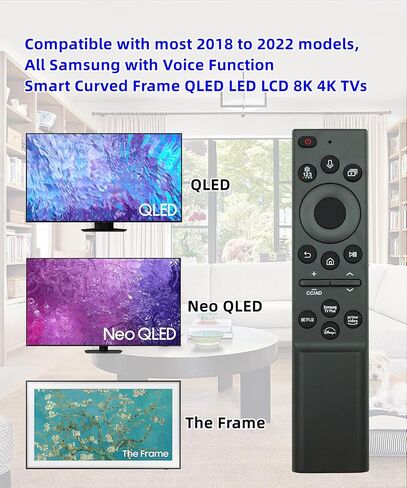 جهاز التحكم عن بعد الصوتي البديل BN59-01385A (بدون طاقة شمسية) الجديد لعام 2023 مناسب لتلفزيون Samsung الذكي، متوافق مع تلفزيونات Samsung Crystal UHD/QLED/Neo QLED/الإطار/4K/8K Series - ضمان لمدة عام in Kuwait