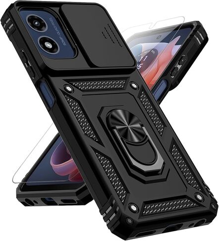for Motorola Moto G Play 2024 Case with Slide Camera Cover HD Screen Protector [Military Grade Drop Tested] Magnetic Ring Holder Kickstand Protective Phone Case for Moto G Play 4G 2024, Black in Saudi Arabia