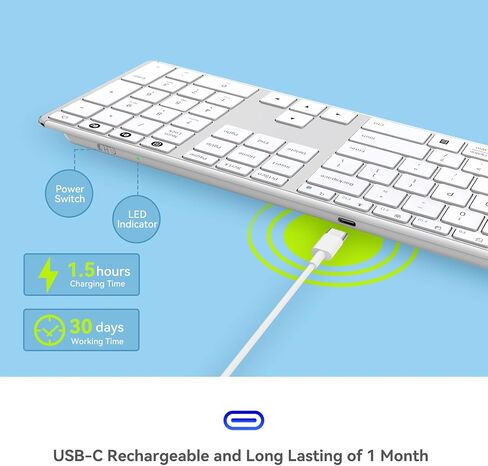 AUSDOM White Wireless Full Size Keyboard: Bluetooth Multi-Device USB Cordless Slim Quiet Keyboard with Numberpad, Rechargeable Noiseless Silent Universal Flat Keyboard for Mac iMac MacOS PC Computer in Saudi Arabia