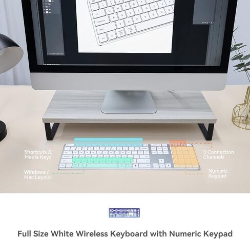 AUSDOM White Wireless Full Size Keyboard: Bluetooth Multi-Device USB Cordless Slim Quiet Keyboard with Numberpad, Rechargeable Noiseless Silent Universal Flat Keyboard for Mac iMac MacOS PC Computer in Saudi Arabia