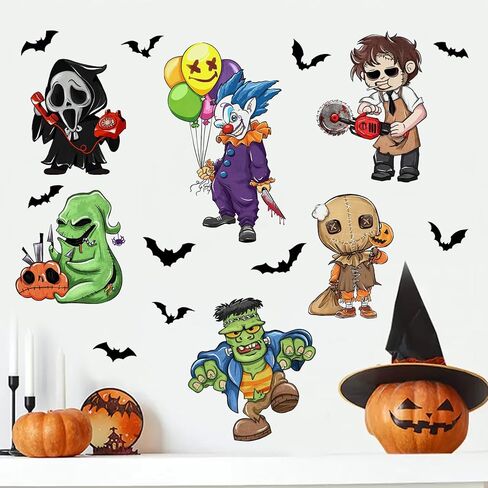 Mfault Happy Halloween Jack Skellington ملصقات الحائط الشارات، Night.tmare BEF.ore عيد الميلاد سالي جاك يا فانوس اليقطين ديكورات غرفة النوم، مضحك القط الأسود الخفافيش المنزل المطبخ غرفة المعيشة ديكور in Kuwait