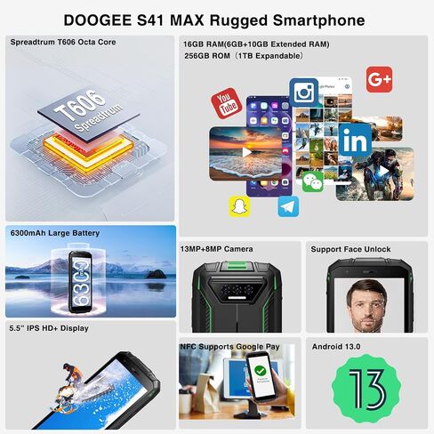 DOOGEE S41 MAX هاتف ذكي متين 2024، 16 جيجابايت + 256 جيجابايت/SD 1 تيرابايت هاتف متين أندرويد 13، هاتف خلوي متين 6300 مللي أمبير في الساعة، شاشة 5.5 بوصة HD+، هاتف محمول IP68 مقاوم للماء 4G خارجي، NFC/WiFi/OTG in Saudi Arabia