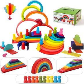 Wooden Rainbow Stack Set,45-Piece 4-in-1 Rainbow Stacking Toys Building Blocks for Kids Ages 3 4 5 Preschool Montessori Toys
