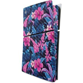 MightySkins Carbon Fiber Skin for PS5 Playstation 5 Slim Disc Edition Bundle - Contrast Hibiscus Protective, Durable Textured Carbon Fiber Finish Easy to Apply Made in The USA