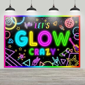 Neon Let's Glow Crazy Backdrop, 7x5FT Glow Theme Birthday Photography Background, Neon Light Graffiti Banner for Boys Girls Sleppover Party Decorations, Polyester Fabric