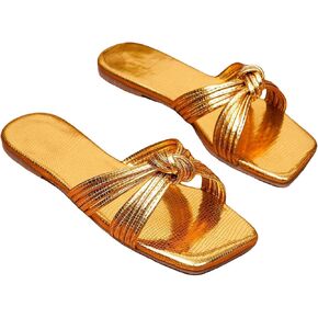 GORGLITTER Women's Metallic Sandals Twist Knot Open Toe Slip on Flat Slide Sandals in Saudi Arabia