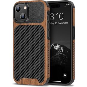 TENDLIN Compatible with iPhone 15 Case Wood Grain with Carbon Fiber Texture Design Leather Hybrid Slim Case (Black)