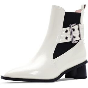 Women's Pointed Toe Chunky Block Heel Ankle Boots Buckle Strap Elastic Band Chelsea Booties