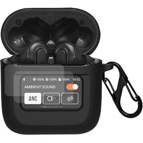 Case Cover Compatible with JBL Tour Pro 2 Earbuds with PET Screen Protector, Shockproof Silicone Protective Cover with Carabiner Accessories (Black)