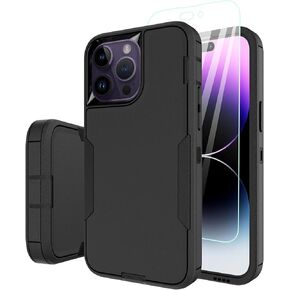 Dahkoiz for iPhone 14 Pro Max Case, with Tempered Glass Screen Protector and Dust-proof Port Cover, Full Body Protection Rubber Phone Case for iPhone 14 Pro Max 6.7-Inch, Black/Black