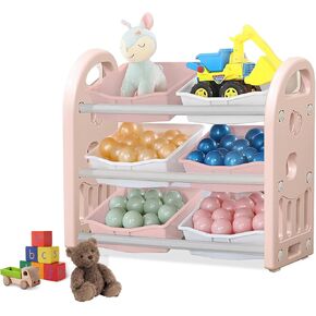 Toy Storage Organizer Rack, Children Book Shelf Unit with 6 Bins, Playroom Organization Cabinet, Multifunctional Storage Rack for Livingroom (Grey)