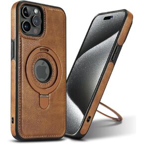 Magnetic for iPhone 16 Pro Max Leather Case,Invisible Stand [Compatible with Magsafe] Slim Kickstand Phone Cove (Brown, iPhone 16 Pro Max)