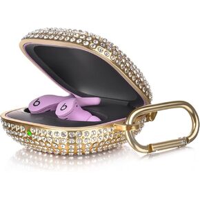 Bling Crystal PC Beats Fit Pro Case for Women Girls, Cute Protective Apple Beats Fit Pro Earbuds Case Cover with Keychain Accessories, Silver