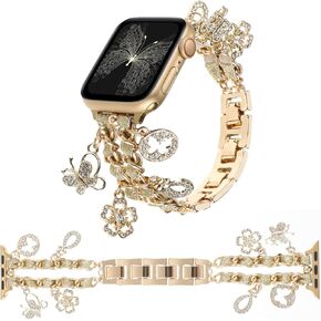 Fashion Wristband Compatible with Apple Watch Bracelet Band 44mm 45mm 49mm 42mm 38mm 40mm 41mm Women, Stylish Chain Design with Unique Pendants Charms for iWatch Series 9 8 7 6 5 4 3 2 1 SE