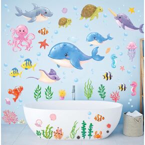 DECOWALL DS12-8081 Under The Sea Wall Stickers Ocean Fish Seaweed Decals Sea Turtle Jellyfish Removable for Kids Baby Bedroom Nursery Living Room Art Home décor bathroom decoration beach seagrass