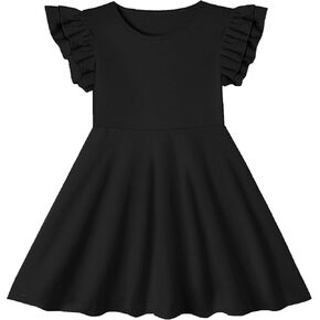 Toddler Girls Cotton Dress Double Flutter Sleeve Baby Tie Back Dress Kids Casual Ruffle Dresses