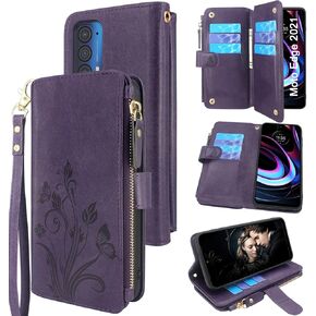 Lacass [Cards Theft Scan Protection 10 Card Slots Holder Zipper Pocket Wallet Case Flip Leather Cover with Wrist Strap Stand for Motorola Moto Edge 2021/Edge 5G UW 2021 Case(Floral Dark Purple)