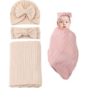 بطانية قماط لحديثي الولادة مقاس 35 بوصة × 33 بوصة مع مجموعة عصابة رأس وقماط بنمط القمح وبطانية استقبال للأطفال الأولاد والبنات وحقيبة النوم (وردي) in Kuwait