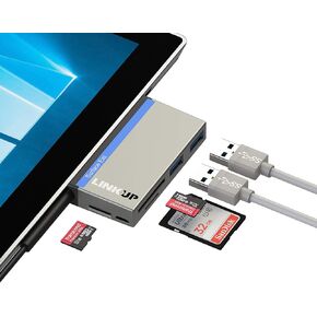 LINKUP - Surface Pro (3/4/5/6) Compatible SD Card Micro Memory Reader Adapter Hub | 6-in-1 Docking Station | 2 xUSB-A 3.0 SD/TF/MicroSD 5Gbps | Mini Dock Slot Open for Original Power Charging Plug