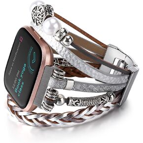 Posh Leather Bands Compatible with Fitbit Versa 3&4 Bands/Fitbit Sense/Sense 2 Bands for Women, Multilayer Wrap Bracelet Wristband Boho Handmade Jewelry Replacement Strap for Fitbit Smartwatch