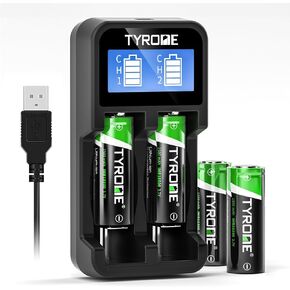 tyrone 18500 Rechargeable Batteries with Charger, 4 Pack 18500 Flat top Batteries 1500mAh 3.7V Batteries with 2-Ports Smart Charger