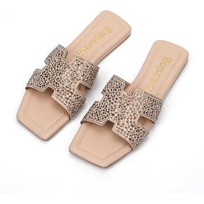 Women's Flat Sandals H Starp Slippers with rhinestones,Black Sparkly Sandals Offering Exquisite and Eye-Catching,Women's Dressy and Comfortable Slides, Bling Bling Beach Flat Sandals.