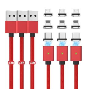 Magnetic Charging Cable 3A Fast Charging(3 Pack,3.3/6.6/6.6ft) 3 in 1 Magnetic Phone Charger with LED Light, Nylon Braided, for Lightning/USB-C/Micro-USB Device