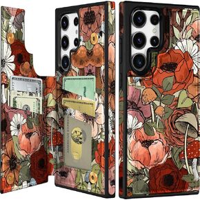 Shorogyt for Samsung Galaxy S23 Ultra Wallet Case with Card Holder, Designer Mushroom Flower Pattern Kickstand Magnetic Clasp Back Flip Folio Leather Phone Cases for S23 Ultra for Women Men Girls