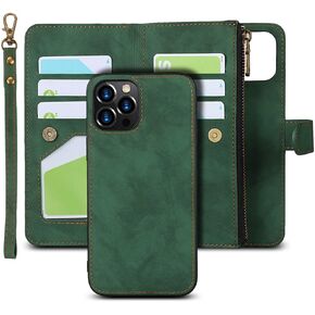 iCoverCase for iPhone 12/12 Pro Wallet Case with Card Holder and Wrist Strap, PU Leather Kickstand Card Slots Zipper Pocket Magnetic [Detachable] Flip Cover Case 6.1 Inch (Black)