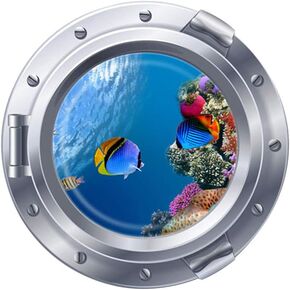 Woodland Arts 3D Undersea Tropical Fish Porthole Submarine View Ocean 18 x 18 inch Removable Vinyl Peel and Stick Decorative Wall Decals Stickers for Children Kids Room Nursery