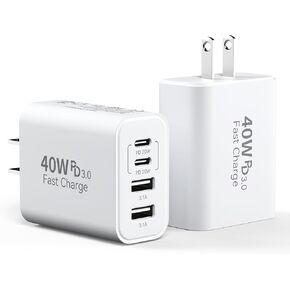 كتلة شاحن حائط USB C، 2 حزمة 40 وات 4 منافذ شحن سريع كتلة PD محول الطاقة + QC 3.0 USB A قابس حائط متعدد المنافذ من النوع C Box Cube لهاتف iPhone 15/14/13/12/11 Pro Max، iPad، Samsung Galaxy، بكسل in Kuwait