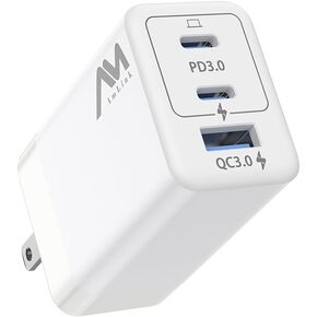 شاحن Amlink 65W USB C - 3 منافذ GaN III شحن سريع، يدعم شاحن الحائط PPS PD 3.0 USB C، محول شاحن حائط مدمج قابل للطي لأجهزة MacBook، iPad، iPhone، Galaxy، إلخ