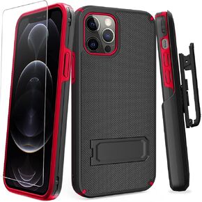 WixGear iPhone 12 Pro Case, Heavy Duty Phone Holster Combo with Belt Clip and Stand for iPhone 12 Pro with Tempered Glass Screen Protector (Black/Red)