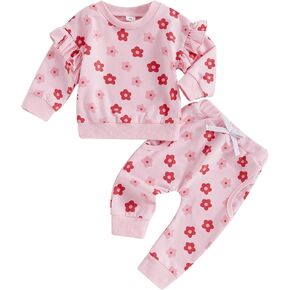 Baby Girl Fall Clothes Long Sleeve Floral Shirt Crewneck Sweatshirt Top Pocket Pants Winter Outfit Clothing Set