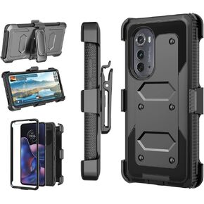 Njjex for Motorola Moto Edge 2022 Case, for Moto Edge 5G UW 2022 Case 6.6 Inch, [Nbeck] Heavy Duty Built-in Screen Protector Rugged Swivel Holster Belt Clip Kickstand Hard Shell Cover [Black]