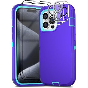 for iPhone 15 Pro Case 6.1" with Belt Clip Holster Kickstand, 2 Screen Protector & 2 Camera Lens Protector, Heavy Duty Full Body Protection Phone Case Cover(Belt Clip,Black+Blue)