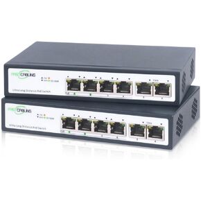 FASTCABLING 500M Long Range PoE+ Extension Kit, 2×4-Port Long-Range PoE+ switches, Extend Range Up to 500M (1600 ft.), 10/100Mbps, 30W IEEE802.3af/at, Wall Mount