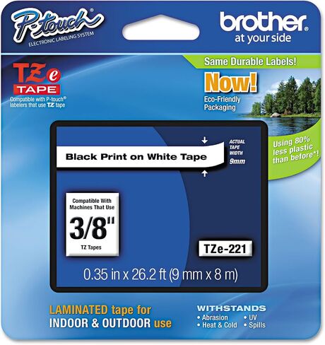 شريط ملصقات لاصق قياسي من Brother P-Touch TZE221 TZe، مقاس 3/8 بوصة، أسود على أبيض in Saudi Arabia