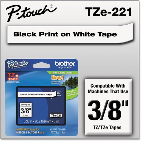 شريط ملصقات لاصق قياسي من Brother P-Touch TZE221 TZe، مقاس 3/8 بوصة، أسود على أبيض in Saudi Arabia
