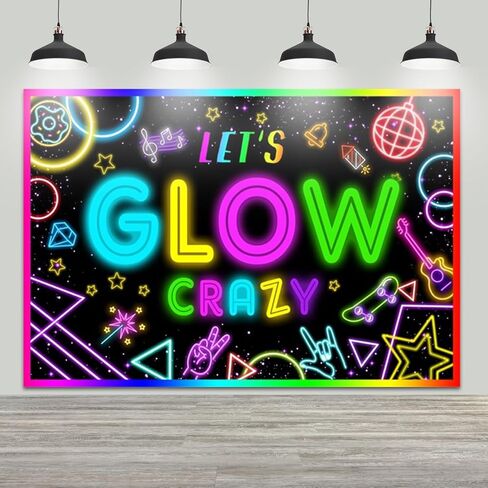 Neon Let's Glow Crazy Backdrop, 7x5FT Glow Theme Birthday Photography Background, Neon Light Graffiti Banner for Boys Girls Sleppover Party Decorations, Polyester Fabric in Saudi Arabia