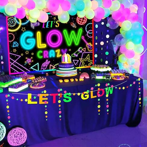 Neon Let's Glow Crazy Backdrop, 7x5FT Glow Theme Birthday Photography Background, Neon Light Graffiti Banner for Boys Girls Sleppover Party Decorations, Polyester Fabric in Saudi Arabia