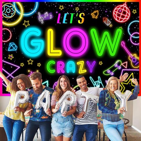Neon Let's Glow Crazy Backdrop, 7x5FT Glow Theme Birthday Photography Background, Neon Light Graffiti Banner for Boys Girls Sleppover Party Decorations, Polyester Fabric in Saudi Arabia