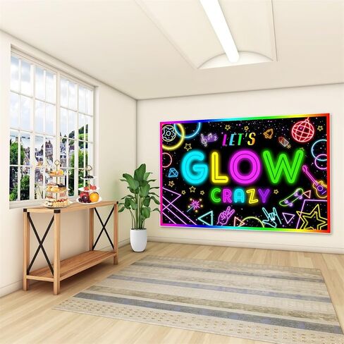 Neon Let's Glow Crazy Backdrop, 7x5FT Glow Theme Birthday Photography Background, Neon Light Graffiti Banner for Boys Girls Sleppover Party Decorations, Polyester Fabric in Saudi Arabia
