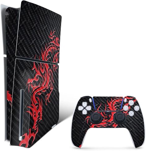 MightySkins Carbon Fiber Skin for PS5 Playstation 5 Slim Disc Edition Bundle - Red Dragon Protective, Durable Textured Carbon Fiber Finish Easy to Apply Made in The USA in Saudi Arabia