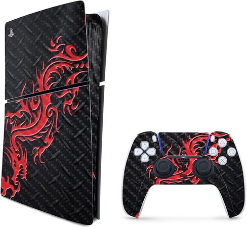 MightySkins Carbon Fiber Skin for PS5 Playstation 5 Slim Disc Edition Bundle - Red Dragon Protective, Durable Textured Carbon Fiber Finish Easy to Apply Made in The USA in Saudi Arabia