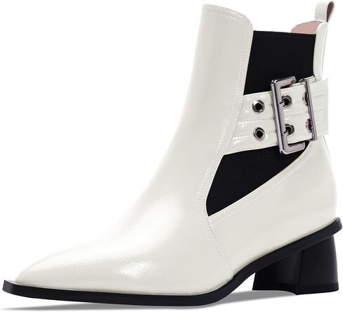 Women's Pointed Toe Chunky Block Heel Ankle Boots Buckle Strap Elastic Band Chelsea Booties in Saudi Arabia
