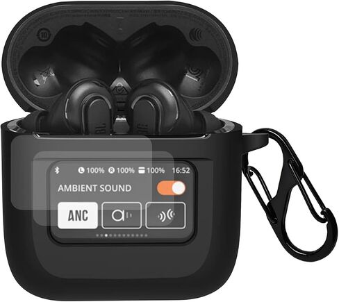 غطاء حماية متوافق مع سماعات الأذن JBL Tour Pro 2 مع واقي شاشة PET، غطاء واقٍ من السيليكون المقاوم للصدمات مع ملحقات حلقة تسلق (أسود) in Kuwait
