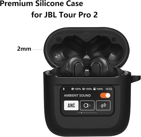 غطاء حماية متوافق مع سماعات الأذن JBL Tour Pro 2 مع واقي شاشة PET، غطاء واقٍ من السيليكون المقاوم للصدمات مع ملحقات حلقة تسلق (أسود) in Kuwait